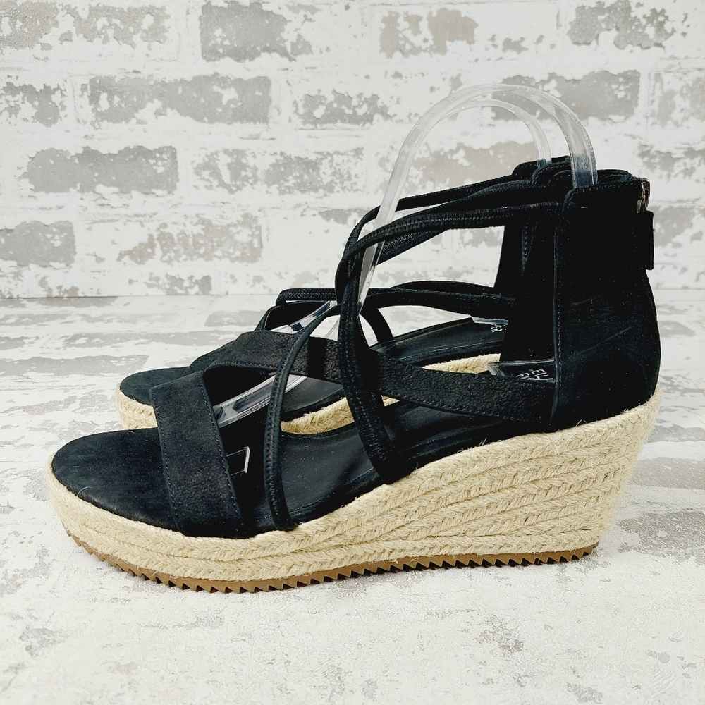 NEW Eileen Fisher Wanda Black Leather Strappy Wedge Espadrille Sandals T43